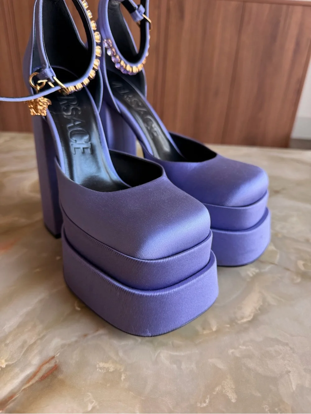 Versace Aevitas Satin Platform Heels — Lilac / Lavender